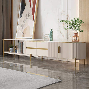 Off White Oval Retractable Stone Top TV Stand Media Console with 4 Drawers-Richsoul-Furniture,Living Room Furniture,TV Stands